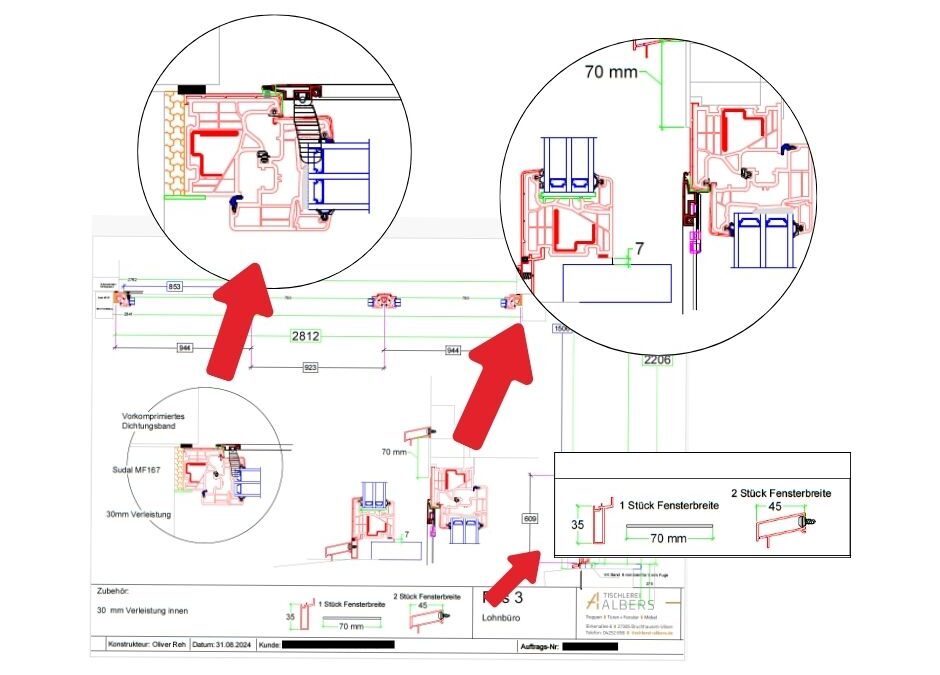 detaillierte Planung mit technischer Zeichnung für Fenster